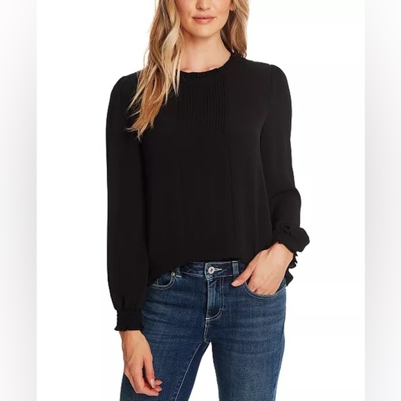 CeCe Blouse Women's Sz 2X Black Long Sleeve Smocked Cuff Pin-Tuck Front Career - Picture 1 of 6